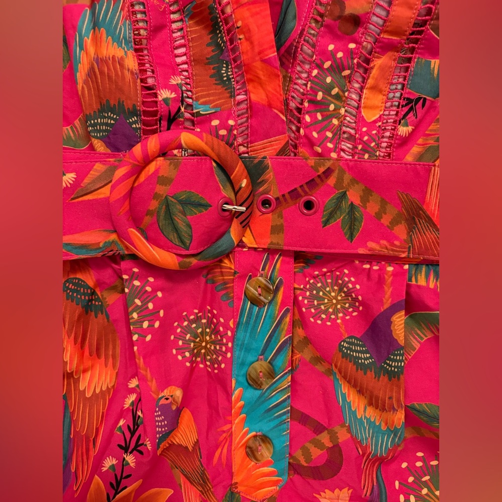 FARM Rio Macaw Party Pink Belted Puff Sleeve Romper - Picture 6 of 12